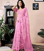 ready to wear pink chanderi cotton screen printed work, ceremony, party and festive saree with blouse