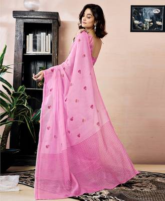 pre-stitched pink chanderi cotton screen printed work, ceremony, party and festive saree 2