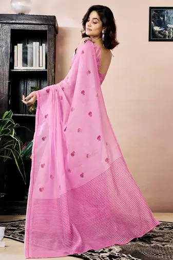 pre-stitched pink chanderi cotton screen printed work, ceremony, party and festive saree