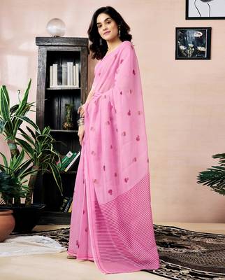 pre-stitched pink chanderi cotton screen printed work, ceremony, party and festive saree 3