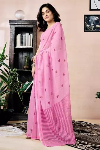 pre-stitched pink chanderi cotton screen printed work, ceremony, party and festive saree