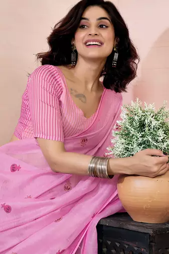 pre-stitched pink chanderi cotton screen printed work, ceremony, party and festive saree