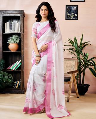 ready to wear white linen zari screen printed zari work work, ceremony, party and festive saree 1