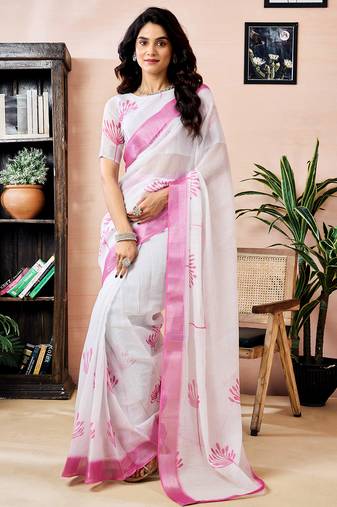 White linen zari screen printed zari work work, ceremony, party and festive ready to wear saree with blouse