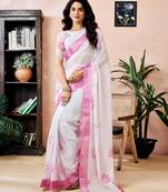 ready to wear white linen zari screen printed zari work work, ceremony, party and festive saree with blouse