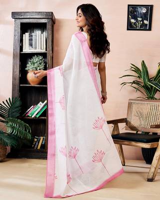 ready to wear white linen zari screen printed zari work work, ceremony, party and festive saree 2