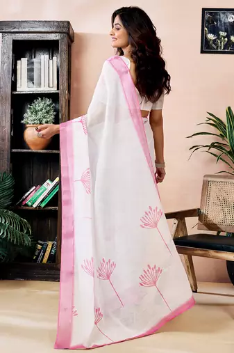 ready to wear white linen zari screen printed zari work work, ceremony, party and festive saree