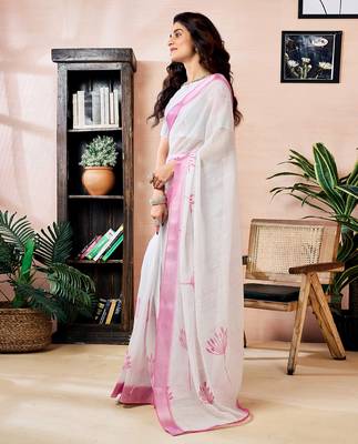 ready to wear white linen zari screen printed zari work work, ceremony, party and festive saree 3