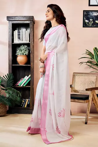ready to wear white linen zari screen printed zari work work, ceremony, party and festive saree