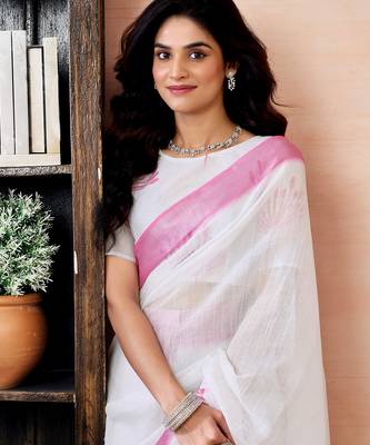 ready to wear white linen zari screen printed zari work work, ceremony, party and festive saree 4