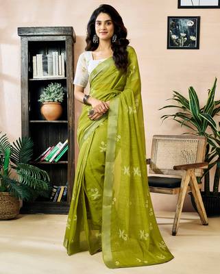 pre draped green linen zari screen printed zari work work, ceremony, party and festive saree 1