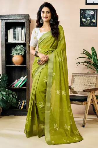 Green linen zari screen printed zari work work, ceremony, party and festive ready to wear saree with blouse