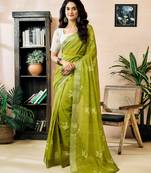 ready to wear green linen zari screen printed zari work work, ceremony, party and festive saree with blouse