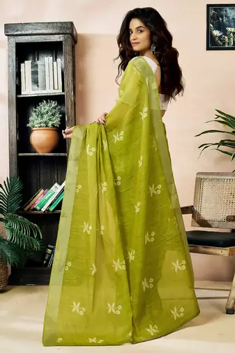 pre draped green linen zari screen printed zari work work, ceremony, party and festive saree