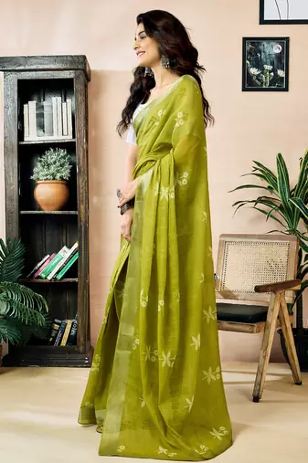 pre draped green linen zari screen printed zari work work, ceremony, party and festive saree