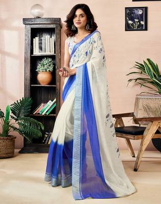 ready made white and blue linen zari screen printed zari work work, ceremony, party and festive saree 1