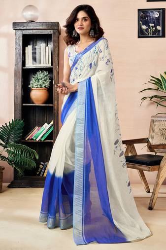 White and blue linen zari screen printed zari work work, ceremony, party and festive ready to wear saree with blouse