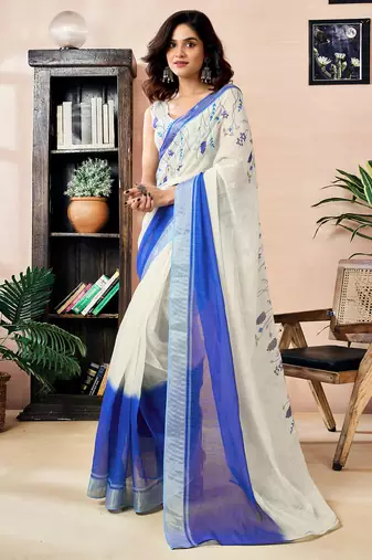 White and blue linen zari screen printed zari work work, ceremony, party and festive ready to wear saree with blouse