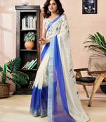 ready to wear white and blue linen zari screen printed zari work work, ceremony, party and festive saree with blouse