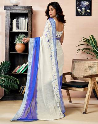 ready made white and blue linen zari screen printed zari work work, ceremony, party and festive saree 2