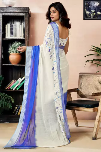 ready made white and blue linen zari screen printed zari work work, ceremony, party and festive saree