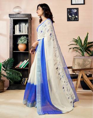 ready made white and blue linen zari screen printed zari work work, ceremony, party and festive saree 3