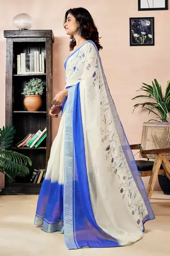 ready made white and blue linen zari screen printed zari work work, ceremony, party and festive saree