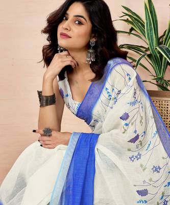 ready made white and blue linen zari screen printed zari work work, ceremony, party and festive saree 4