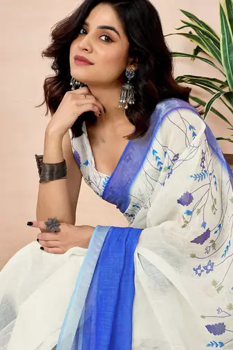 ready made white and blue linen zari screen printed zari work work, ceremony, party and festive saree