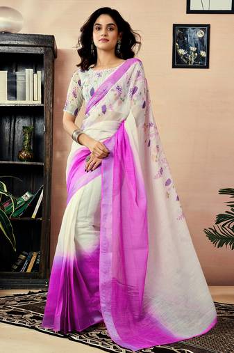 White and purple chanderi cotton screen printed work, ceremony, party and festive ready to wear saree with blouse