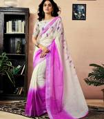 ready to wear white and purple chanderi cotton screen printed work, ceremony, party and festive saree with blouse