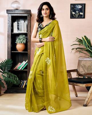 ready to wear green chanderi cotton screen printed work, ceremony, party and festive saree 1