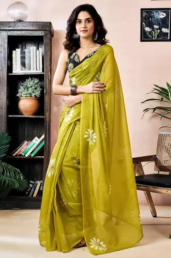 Green chanderi cotton screen printed work, ceremony, party and festive ready to wear saree with blouse