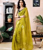 ready to wear green chanderi cotton screen printed work, ceremony, party and festive saree with blouse