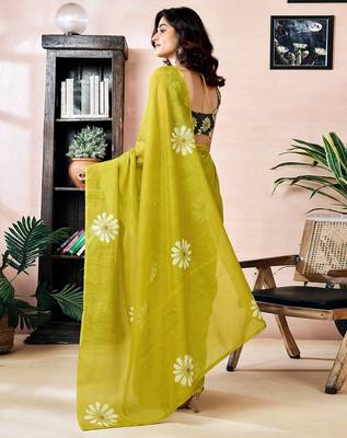 ready to wear green chanderi cotton screen printed work, ceremony, party and festive saree 2