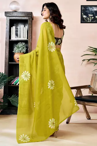 ready to wear green chanderi cotton screen printed work, ceremony, party and festive saree