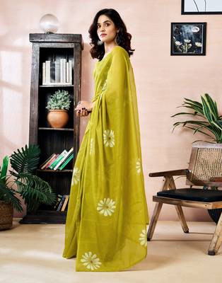 ready to wear green chanderi cotton screen printed work, ceremony, party and festive saree 3