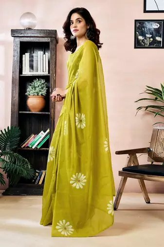 ready to wear green chanderi cotton screen printed work, ceremony, party and festive saree