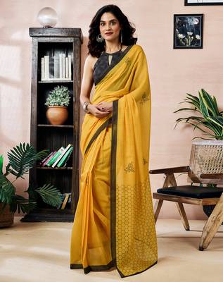 pre draped yellow chanderi cotton screen printed work, ceremony, party and festive saree 1