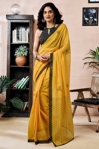 Yellow chanderi cotton screen printed work, ceremony, party and festive ready to wear saree with blouse