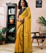 ready to wear yellow chanderi cotton screen printed work, ceremony, party and festive saree with blouse