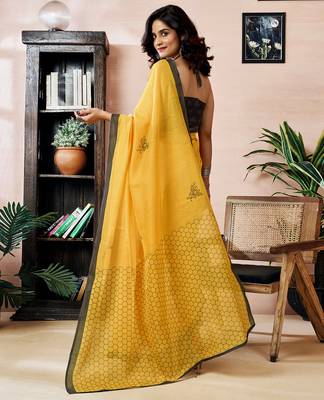 pre draped yellow chanderi cotton screen printed work, ceremony, party and festive saree 2