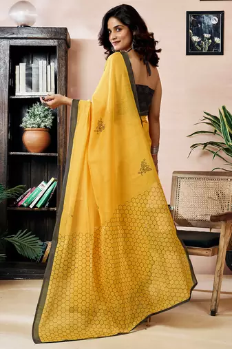 pre draped yellow chanderi cotton screen printed work, ceremony, party and festive saree