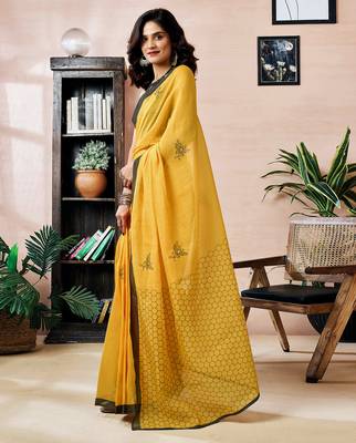 pre draped yellow chanderi cotton screen printed work, ceremony, party and festive saree 3