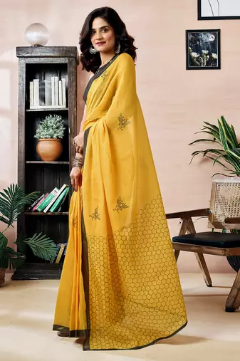 pre draped yellow chanderi cotton screen printed work, ceremony, party and festive saree