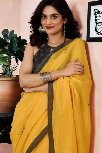 pre draped yellow chanderi cotton screen printed work, ceremony, party and festive saree