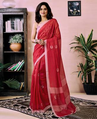 ready made red chanderi cotton screen printed work, ceremony, party and festive saree 1