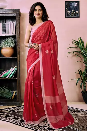 Red chanderi cotton screen printed work, ceremony, party and festive ready to wear saree with blouse