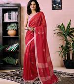 ready to wear red chanderi cotton screen printed work, ceremony, party and festive saree with blouse