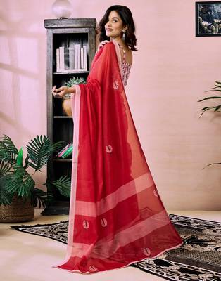 ready made red chanderi cotton screen printed work, ceremony, party and festive saree 2